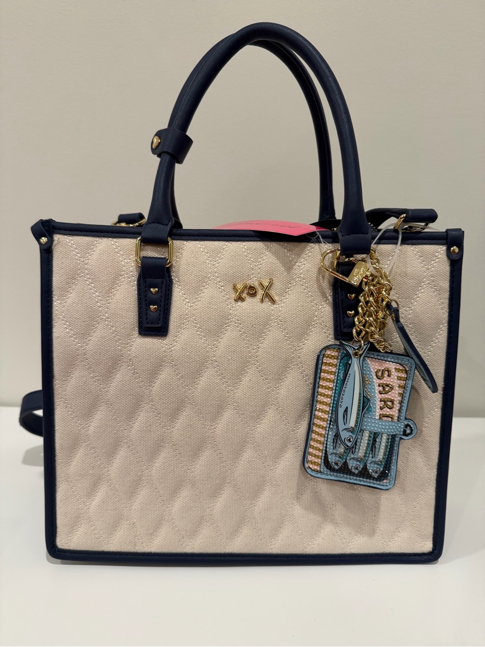Betsey Johnson Cream and Navy Quilted Tote with Decorative Charm